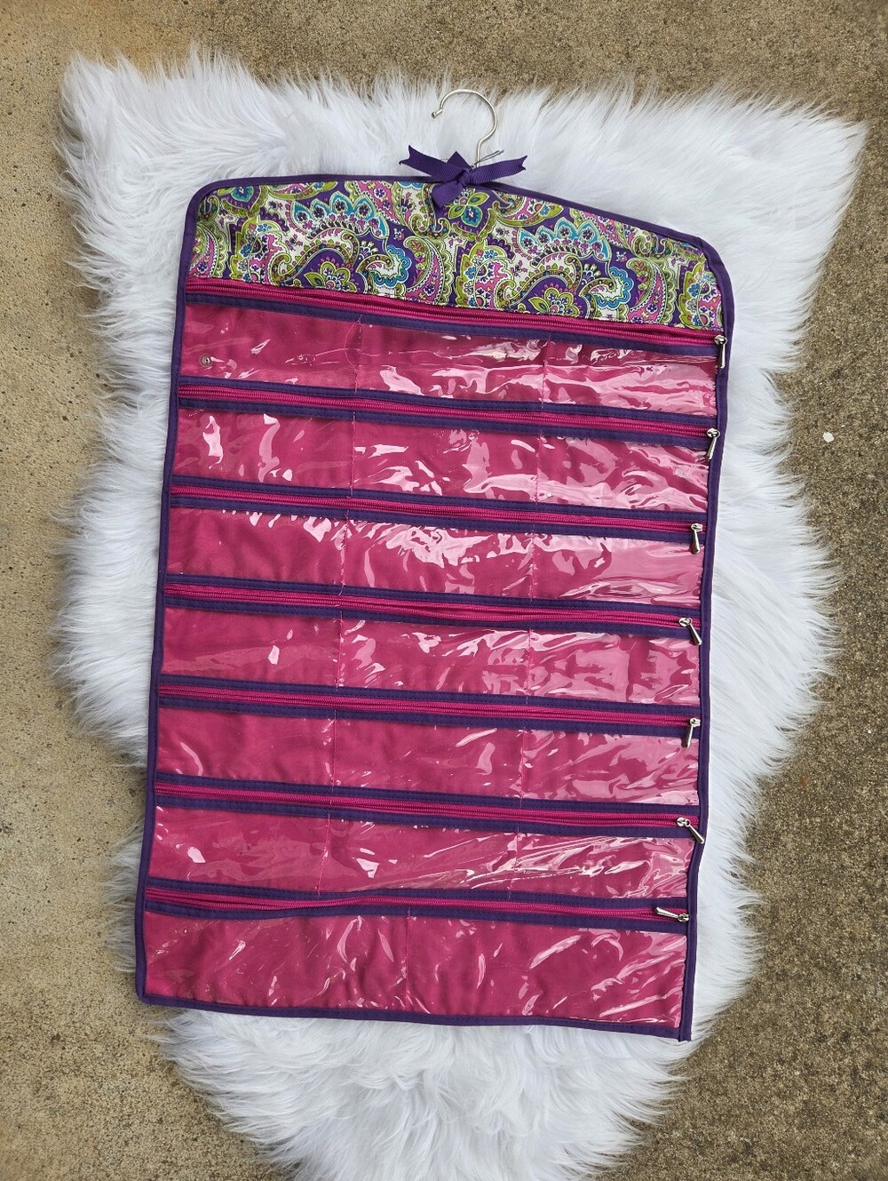 Once Upon A Rose - Hanging Jewelry/Makeup Organizer - Pink with Purple Trim